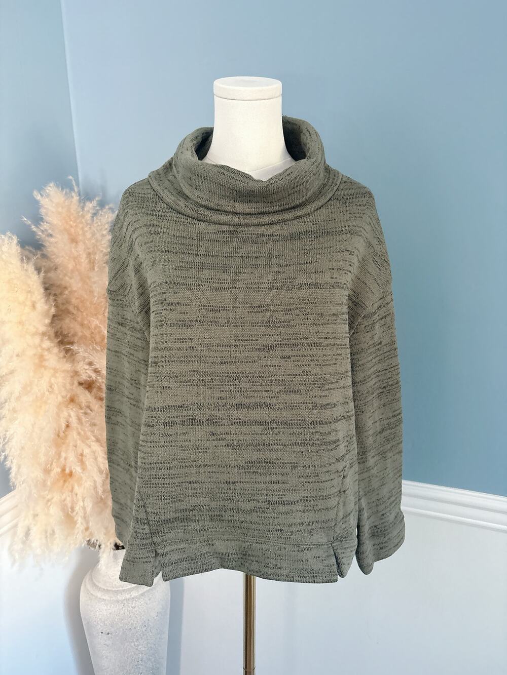 Saturday Sunday Olive Green Fleece Cowl Neck Sweater Small Heathered Space Dye